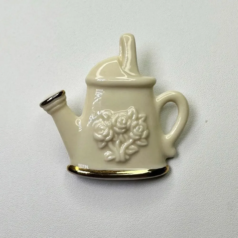 Vintage Lenox Porcelain Watering Can Brooch Floral Design Cream and Gold Tone